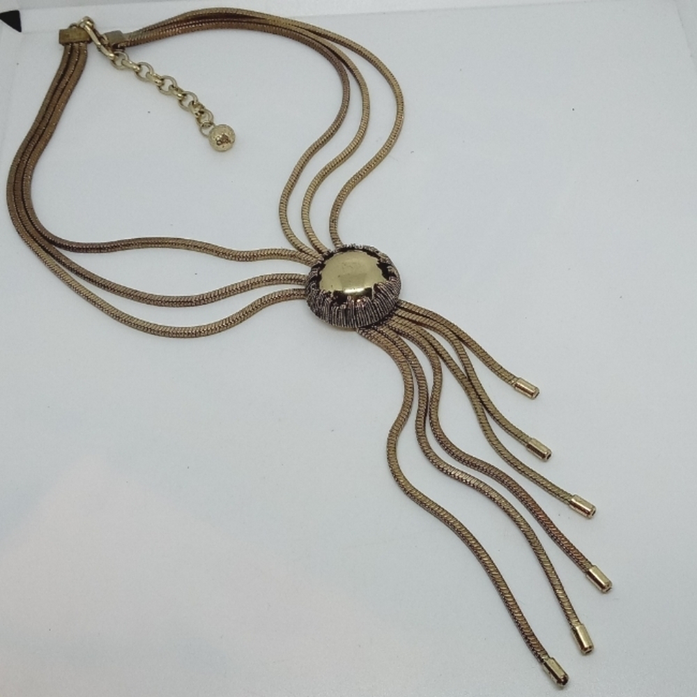* vintage brass & gold tone bolo style necklace 1920s up to 18"